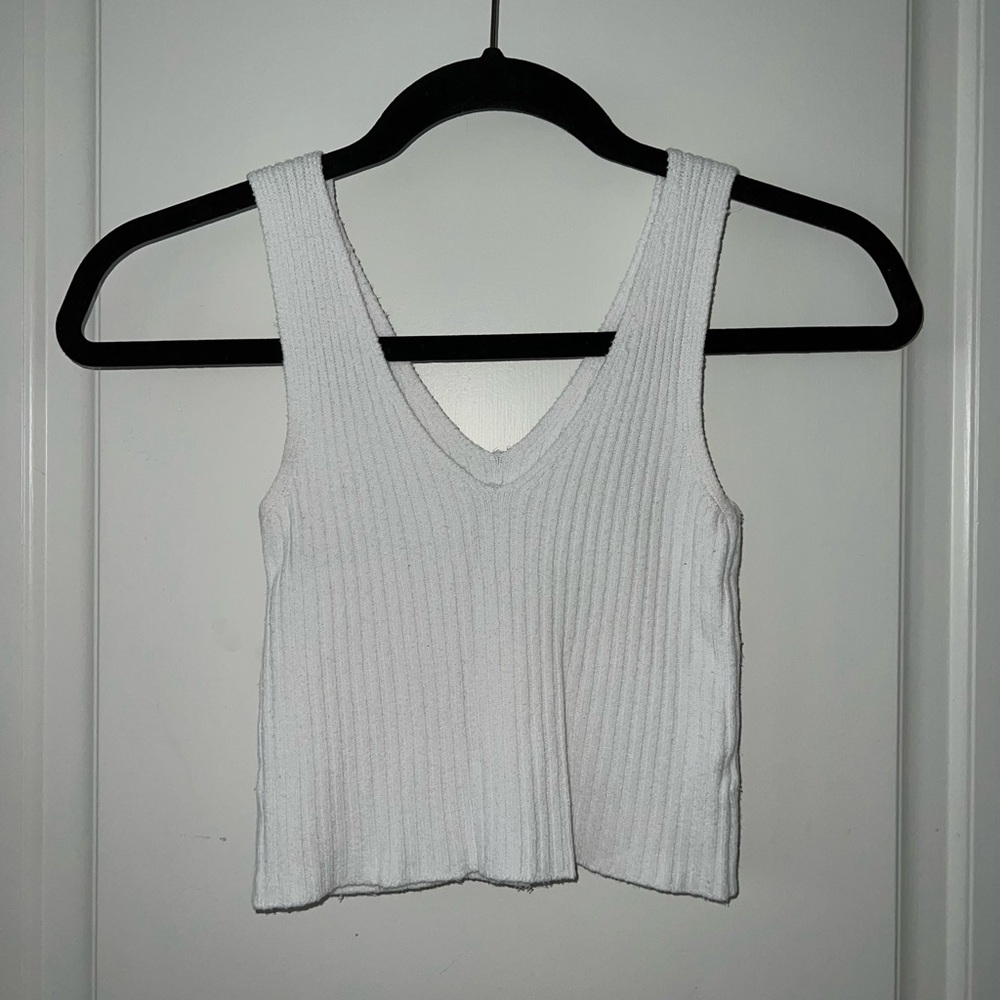White Ribbed Crop Tank Top Thick Straps V Neck
